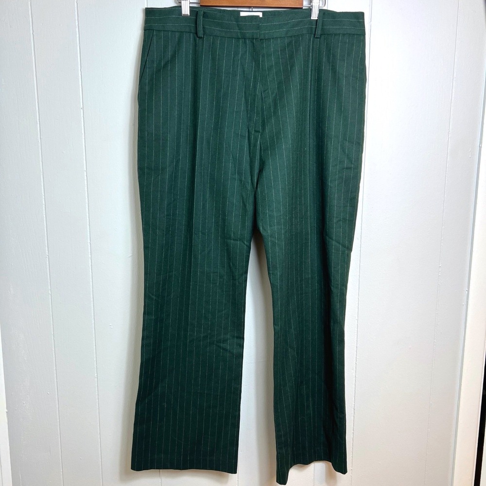 Skye by Brora Bottle Green Pinstripe Wool Blend Wide Leg Trousers NWT US 14 UK18